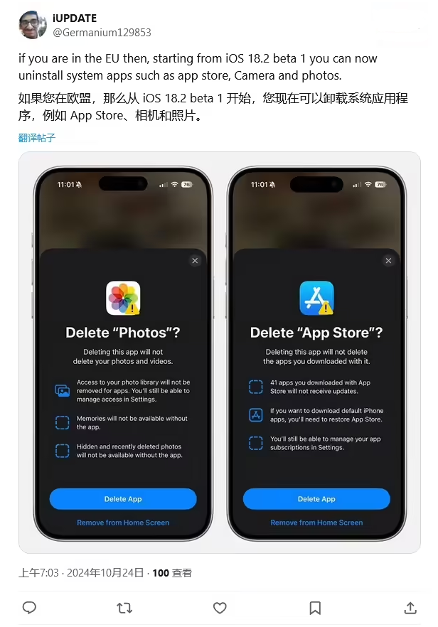 潍坊苹果手机维修分享iOS 18.2 支持删除 App Store 应用商店 