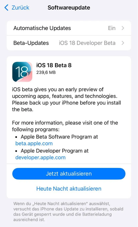 潍坊苹果手机维修分享苹果 iOS / iPadOS 18 开发者预览版 Beta 8 发布 